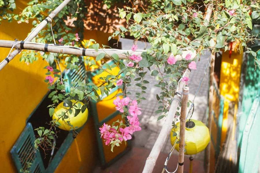 Hoa giấy m&agrave;u hồng v&agrave; đ&egrave;n lồng v&agrave;ng treo tr&ecirc;n khung tre trước ng&ocirc;i nh&agrave; sơn m&agrave;u v&agrave;ng, tạo khung cảnh y&ecirc;n b&igrave;nh.