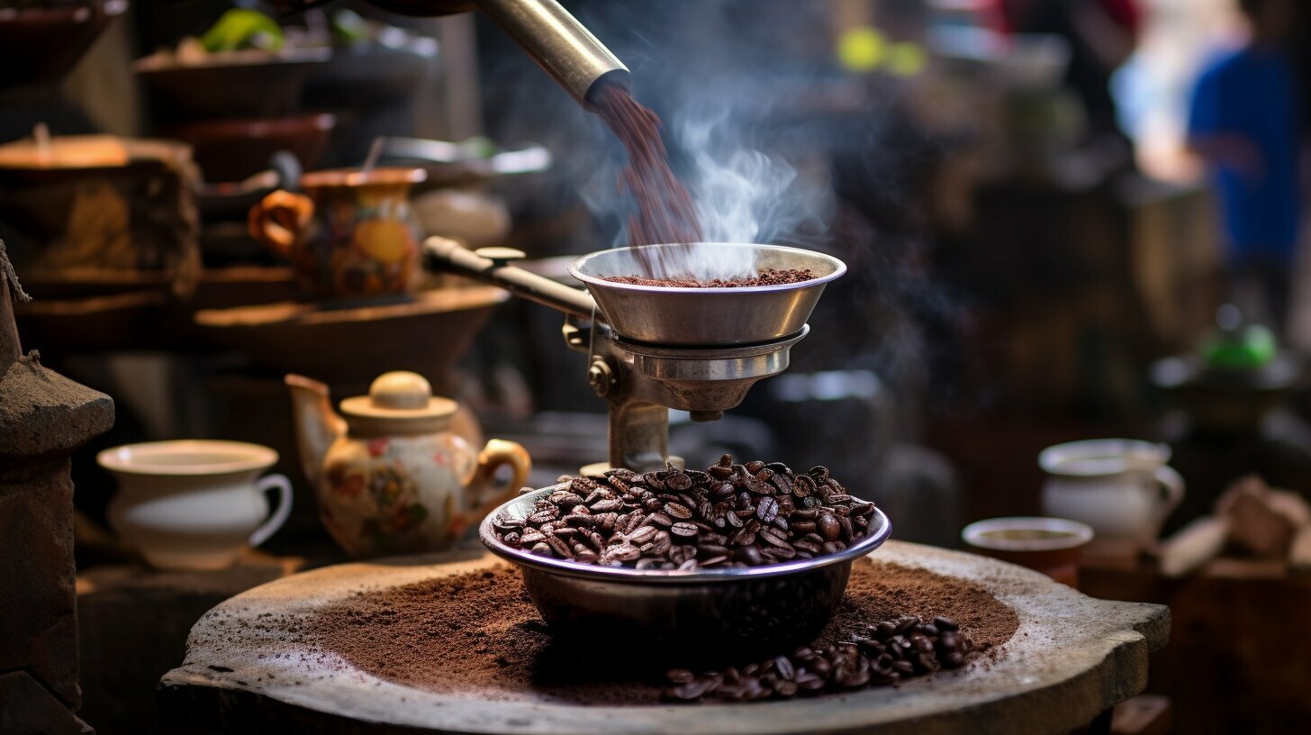 Hạt cà phê rang trong bát kim loại, khói bốc lên, nền có ấm trà và cốc sứ.