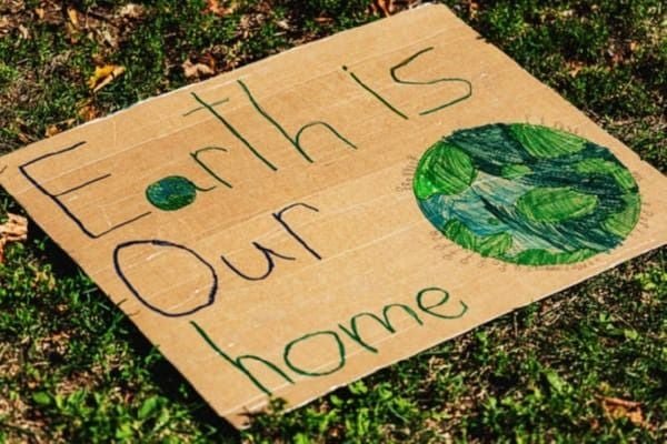 Tấm biển bằng bìa cứng trên cỏ có dòng chữ "Earth is our home" và hình vẽ Trái Đất.
