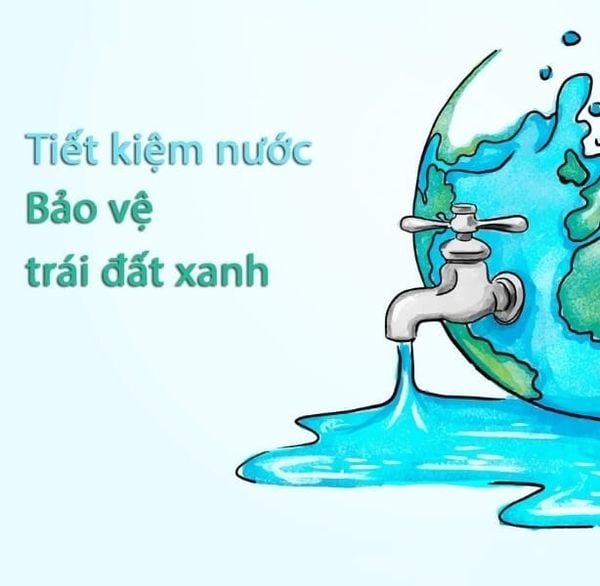 Hình minh họa vòi nước chảy ra từ quả địa cầu, kèm thông điệp "Tiết kiệm nước, bảo vệ trái đất xanh".