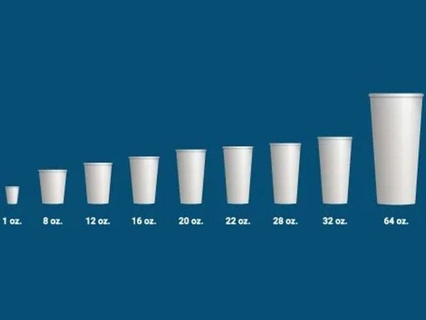 C&aacute;c cốc giấy xếp theo thứ tự tăng dần dung t&iacute;ch từ 1 oz đến 64 oz tr&ecirc;n nền xanh.