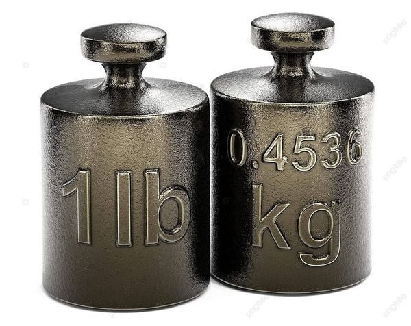 Hai quả c&acirc;n kim loại, một ghi "1 lb", một ghi "0.4536 kg", thể hiện đơn vị trọng lượng kh&aacute;c nhau.