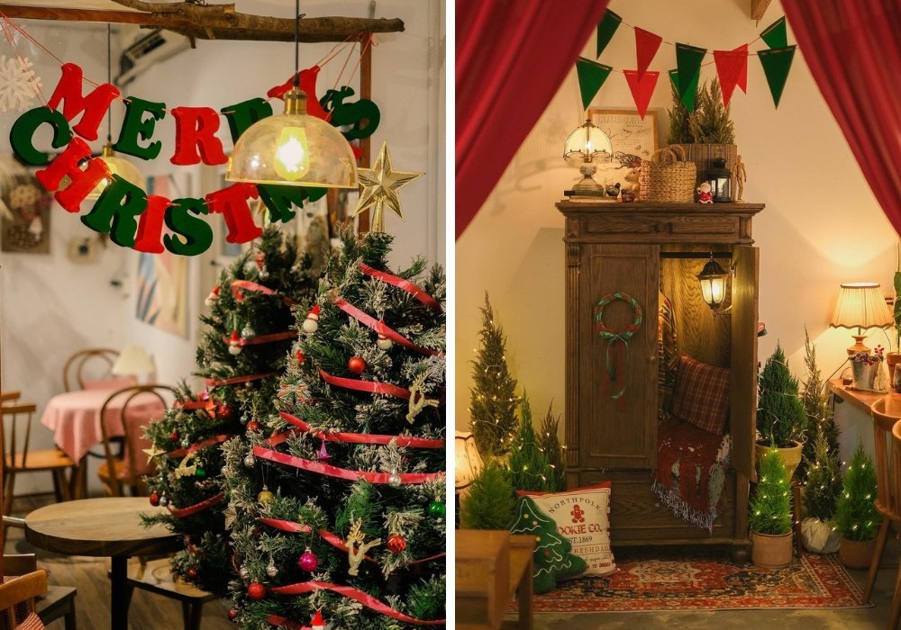 Trang trí Giáng Sinh trong quán cà phê với cây thông và góc nhỏ ấm áp, đèn trang trí và cây xanh.