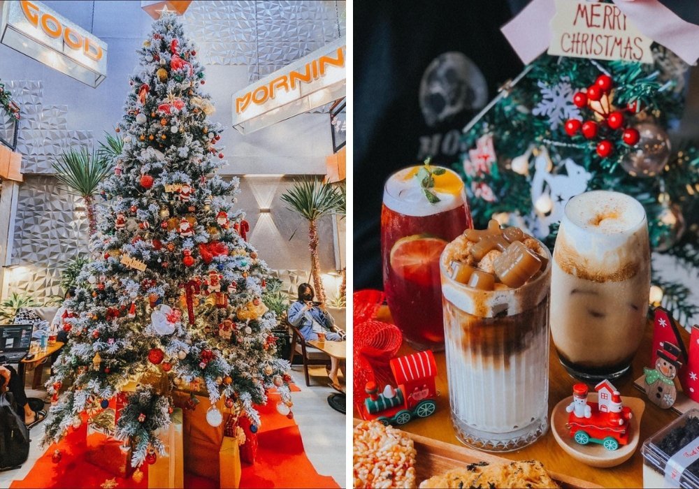 Bên trái là cây thông Noel trang trí đẹp mắt. Bên phải là các loại đồ uống và đồ trang trí Giáng sinh.