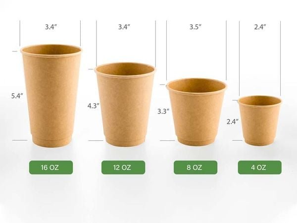 Bốn cốc giấy m&agrave;u n&acirc;u c&oacute; k&iacute;ch thước kh&aacute;c nhau, từ 4 oz đến 16 oz, với c&aacute;c số đo chiều cao v&agrave; đường k&iacute;nh.