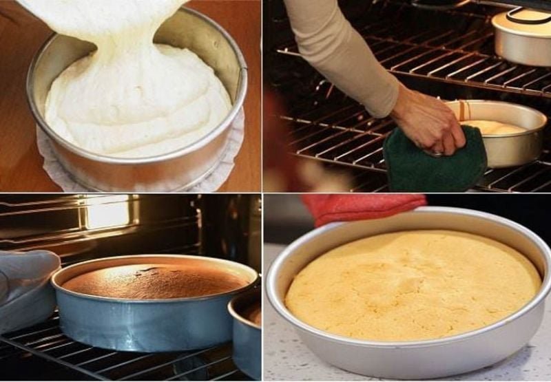 Quá trình làm bánh bông lan: đổ bột vào khuôn, nướng bánh trong lò, bánh sau khi nướng xong có màu vàng.