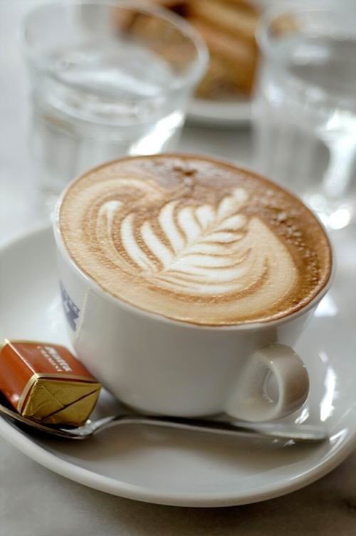 Tách cappuccino với hình vẽ lá nghệ thuật trên bọt sữa, bên cạnh là một thanh socola và ly nước.