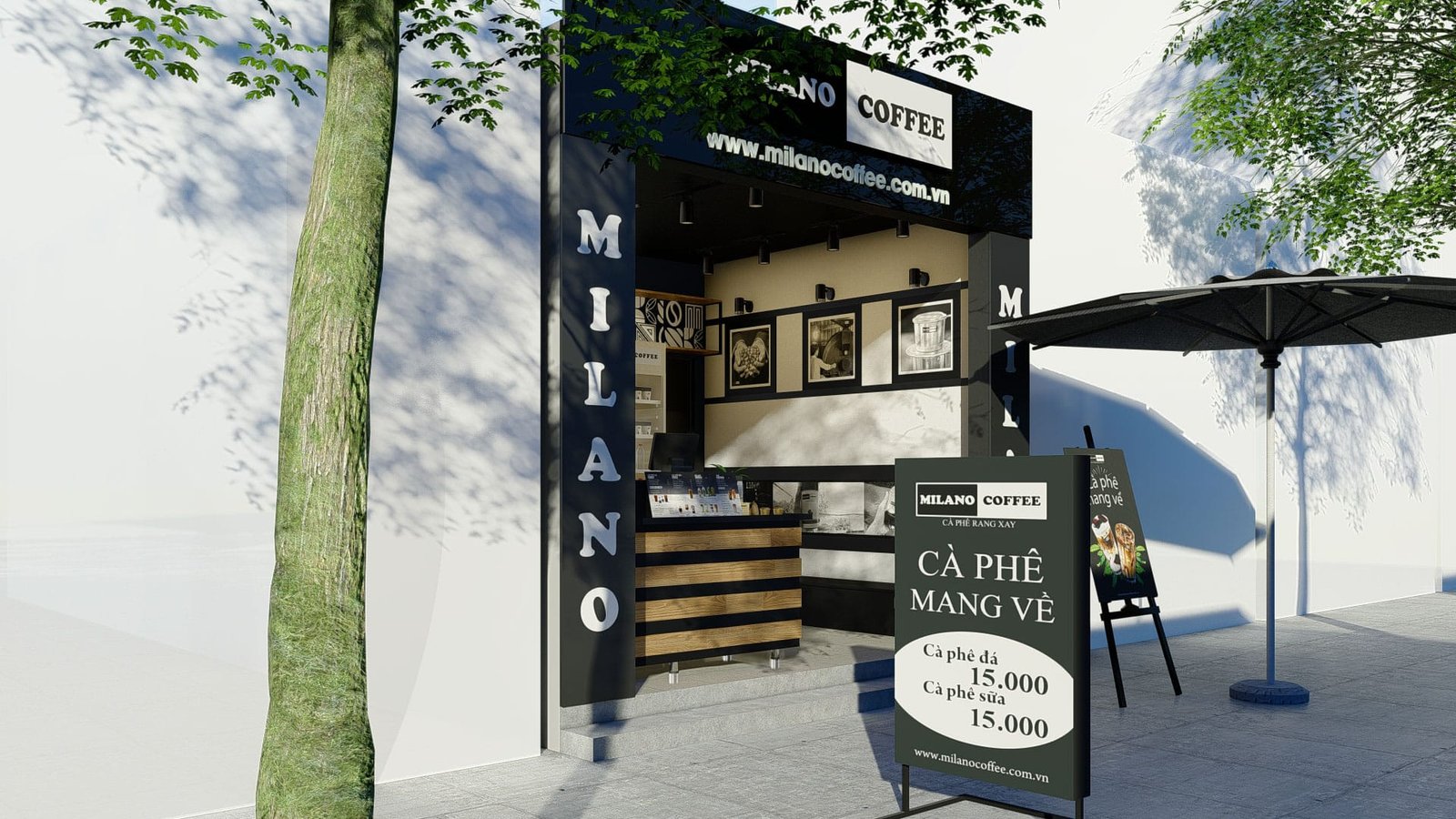 Quán cà phê nhỏ với bảng hiệu ngoài trời, có cây và ô che nắng, chuyên bán cà phê mang về.