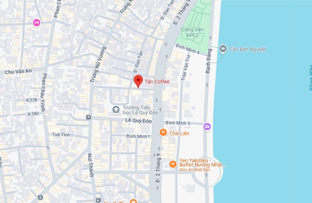 991038d9-cafe-da-nang-14 Bản đồ khu vực với các địa điểm như quán cà phê, trường học và công viên bên bờ sông.