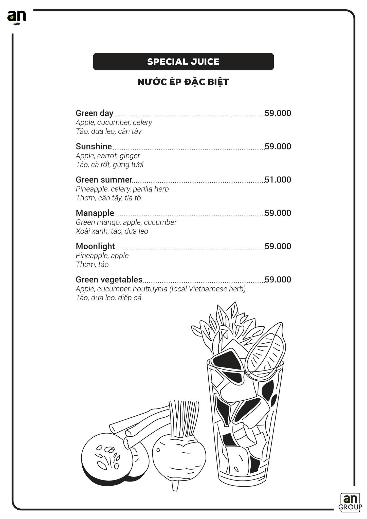an-coffee-chon-binh-yen-xanh-tham-cho-nhung-tam-hon-mong-manh-08-1635285346 Thực đơn nước ép đặc biệt với tên gọi và giá tiền, kèm hình minh họa ly nước ép và rau củ.
