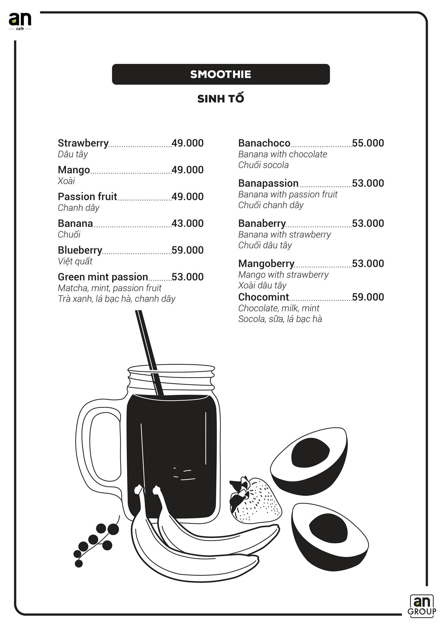 an-coffee-chon-binh-yen-xanh-tham-cho-nhung-tam-hon-mong-manh-09-1635285346 Thực đơn sinh tố với tên và giá các loại, kèm hình minh họa trái cây và cốc sinh tố.