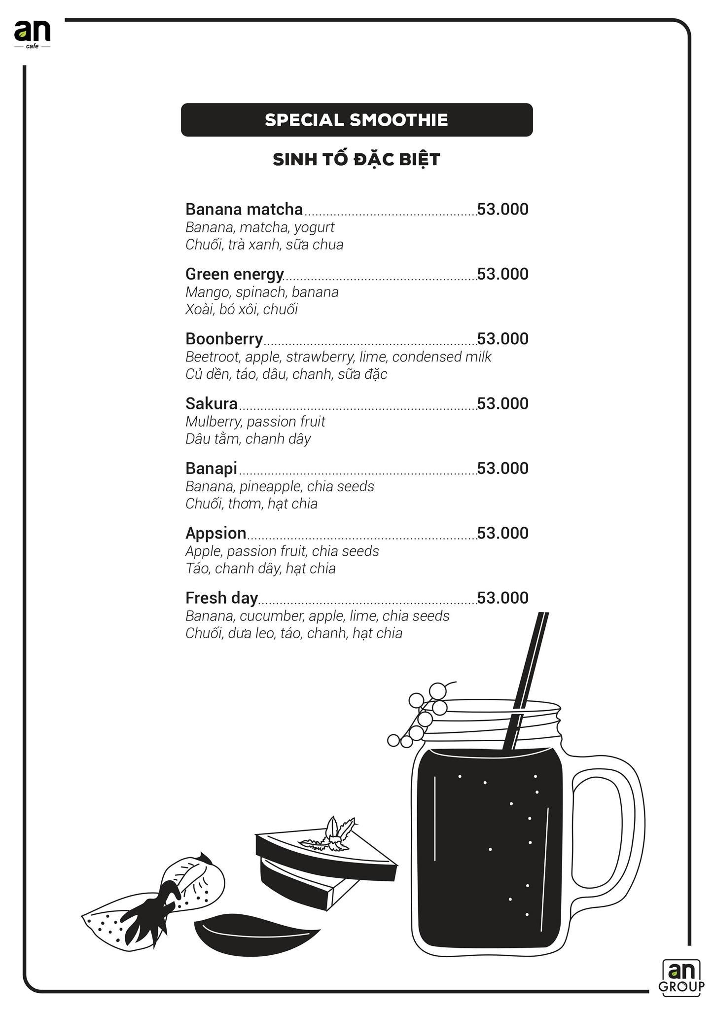 an-coffee-chon-binh-yen-xanh-tham-cho-nhung-tam-hon-mong-manh-10-1635285346 Menu sinh tố đặc biệt với các món như Banana matcha, Green energy, Boonberry, giá 53.000 đồng.
