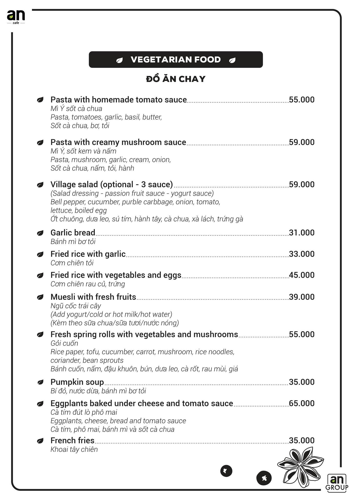 an-coffee-chon-binh-yen-xanh-tham-cho-nhung-tam-hon-mong-manh-14-1635285346 Thực đơn đồ ăn chay với các món như mì Ý, salad, cơm chiên, gỏi cuốn, bánh mì bơ tỏi và khoai tây chiên.