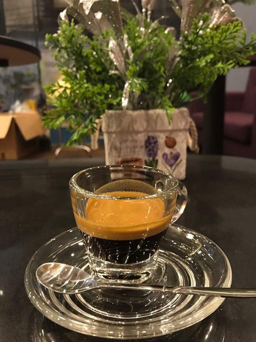 T&aacute;ch espresso tr&ecirc;n b&agrave;n với đĩa l&oacute;t v&agrave; th&igrave;a kim loại, nền l&agrave; chậu c&acirc;y xanh v&agrave; kh&ocirc;ng gian nội thất.