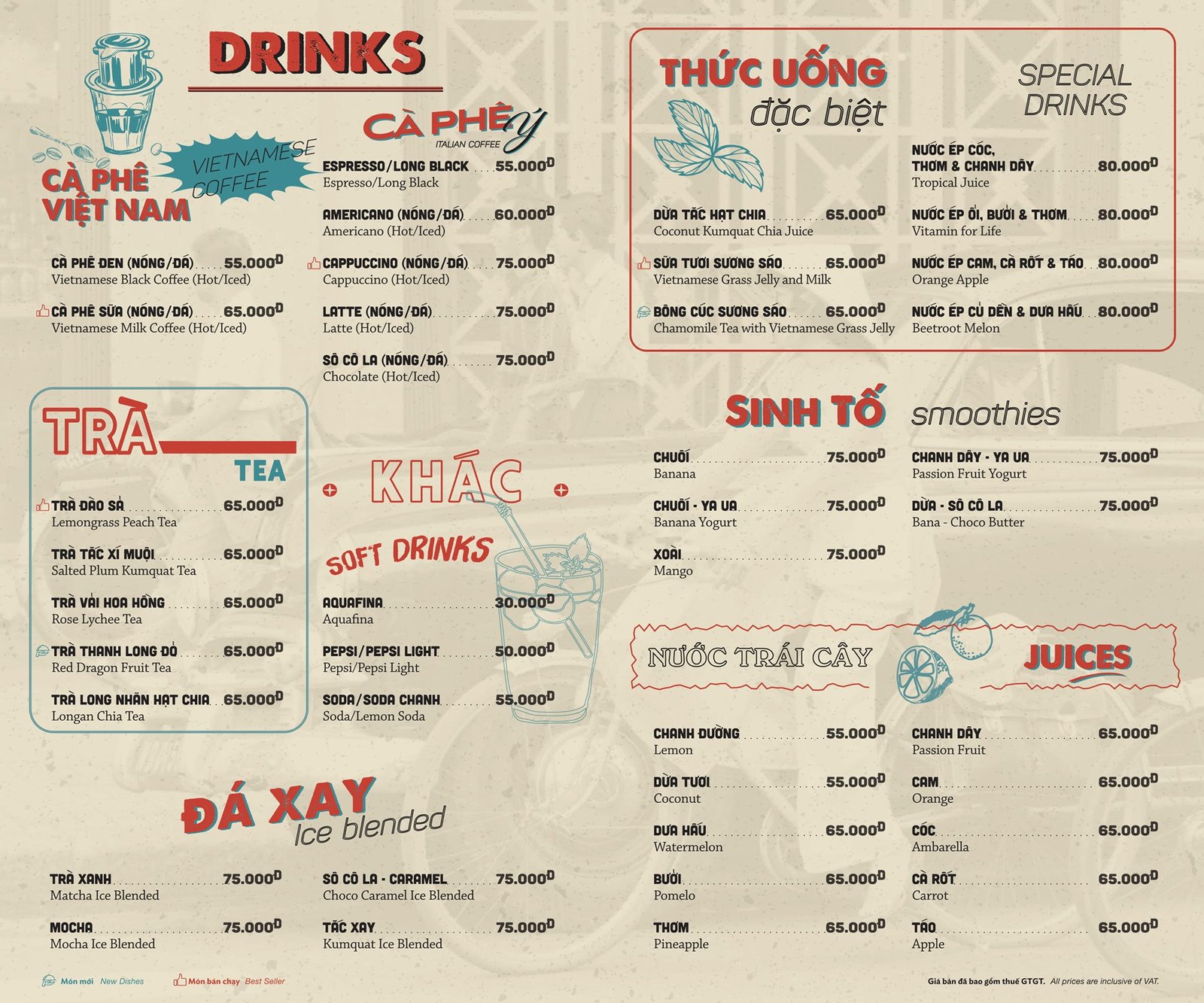 Thực đơn đồ uống với c&aacute;c loại c&agrave; ph&ecirc;, tr&agrave;, sinh tố, nước &eacute;p v&agrave; đồ uống đặc biệt, k&egrave;m gi&aacute; tiền.