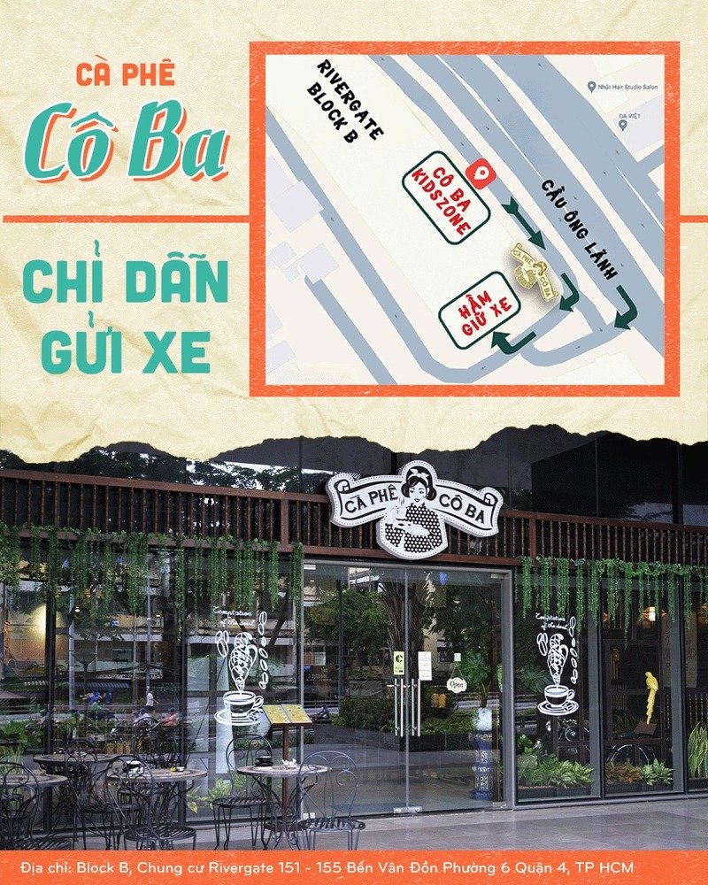 Bản đồ chỉ dẫn gửi xe v&agrave; h&igrave;nh ảnh mặt tiền qu&aacute;n C&agrave; Ph&ecirc; C&ocirc; Ba tại Chung cư Rivergate, Quận 4, TP HCM.