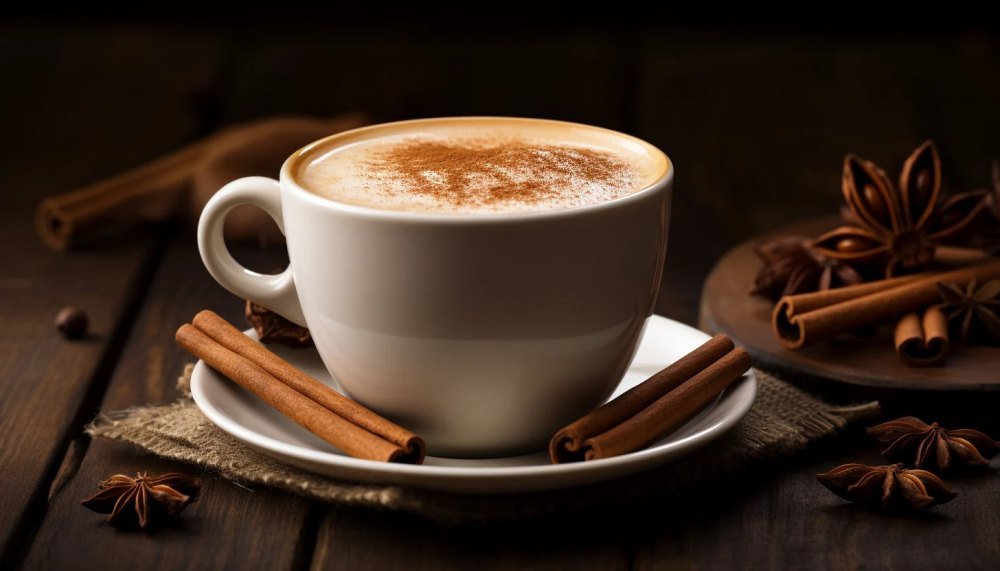 cac-loai-latte-pho-bien Tách cà phê với bọt sữa, trang trí bột quế, bên cạnh là thanh quế và hoa hồi trên bàn gỗ.