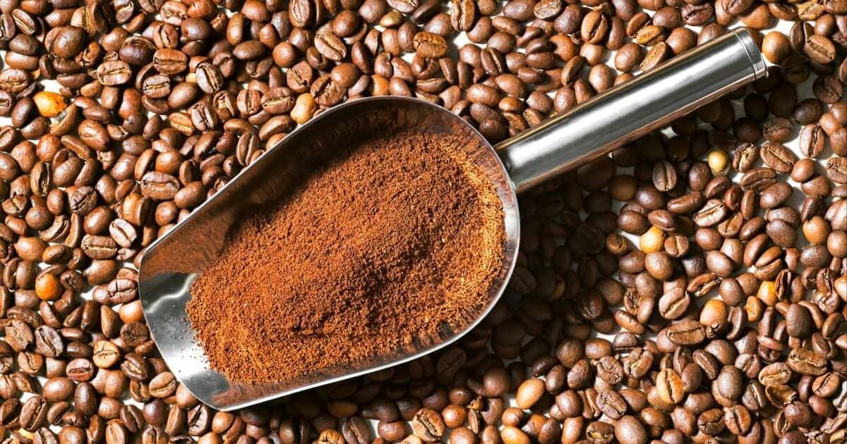 Muỗng kim loại chứa bột cà phê đặt trên nền hạt cà phê rang màu nâu.