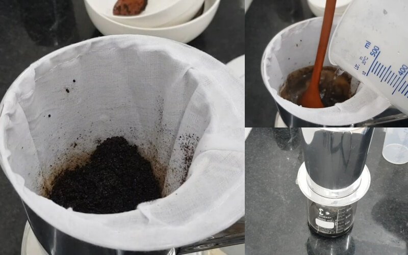 Quá trình lọc cà phê bằng vải lọc trắng, nước cà phê được đổ vào và chảy xuống bình chứa bên dưới.