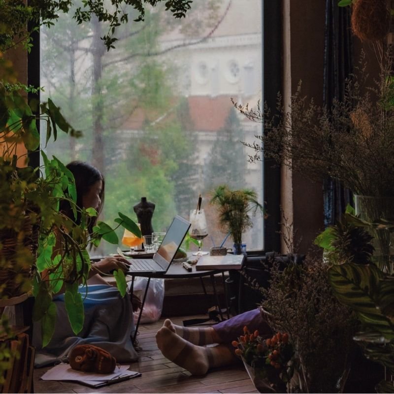 Người ngồi l&agrave;m việc tr&ecirc;n laptop trong ph&ograve;ng c&oacute; nhiều c&acirc;y xanh, b&ecirc;n cửa sổ lớn nh&igrave;n ra ngo&agrave;i trời.