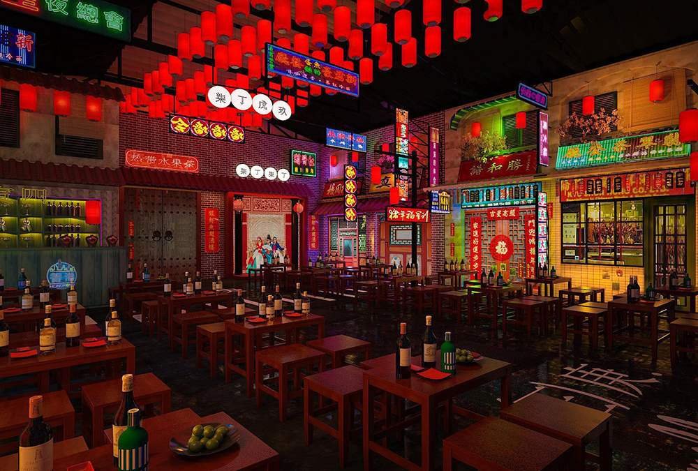 Kh&ocirc;ng gian nh&agrave; h&agrave;ng với b&agrave;n ghế gỗ, đ&egrave;n lồng đỏ treo tr&ecirc;n trần v&agrave; biển hiệu neon s&aacute;ng rực xung quanh.