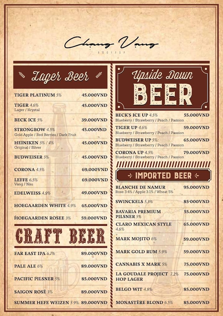 Thực đơn bia với nhiều loại v&agrave; gi&aacute; kh&aacute;c nhau, bao gồm Lager, Craft, v&agrave; Imported Beer.