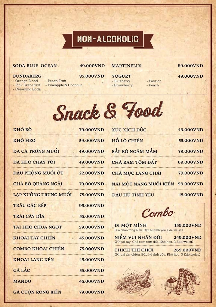 Thực đơn đồ ăn nhẹ v&agrave; đồ uống kh&ocirc;ng cồn, bao gồm soda, yogurt, v&agrave; c&aacute;c m&oacute;n như khoai t&acirc;y chi&ecirc;n v&agrave; x&uacute;c x&iacute;ch Đức.