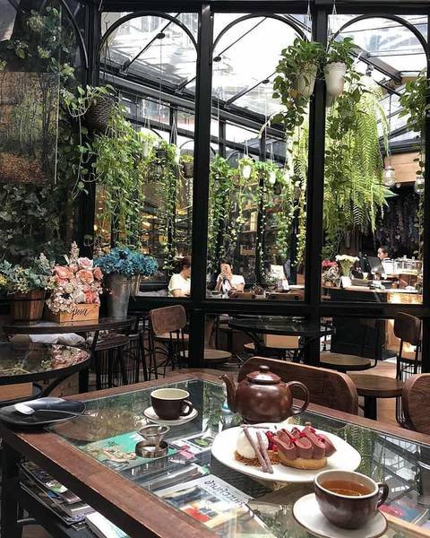 Qu&aacute;n c&agrave; ph&ecirc; với nhiều c&acirc;y xanh, b&agrave;n c&oacute; ấm tr&agrave;, t&aacute;ch c&agrave; ph&ecirc; v&agrave; đĩa b&aacute;nh. Kh&ocirc;ng gian ấm c&uacute;ng v&agrave; thư gi&atilde;n.