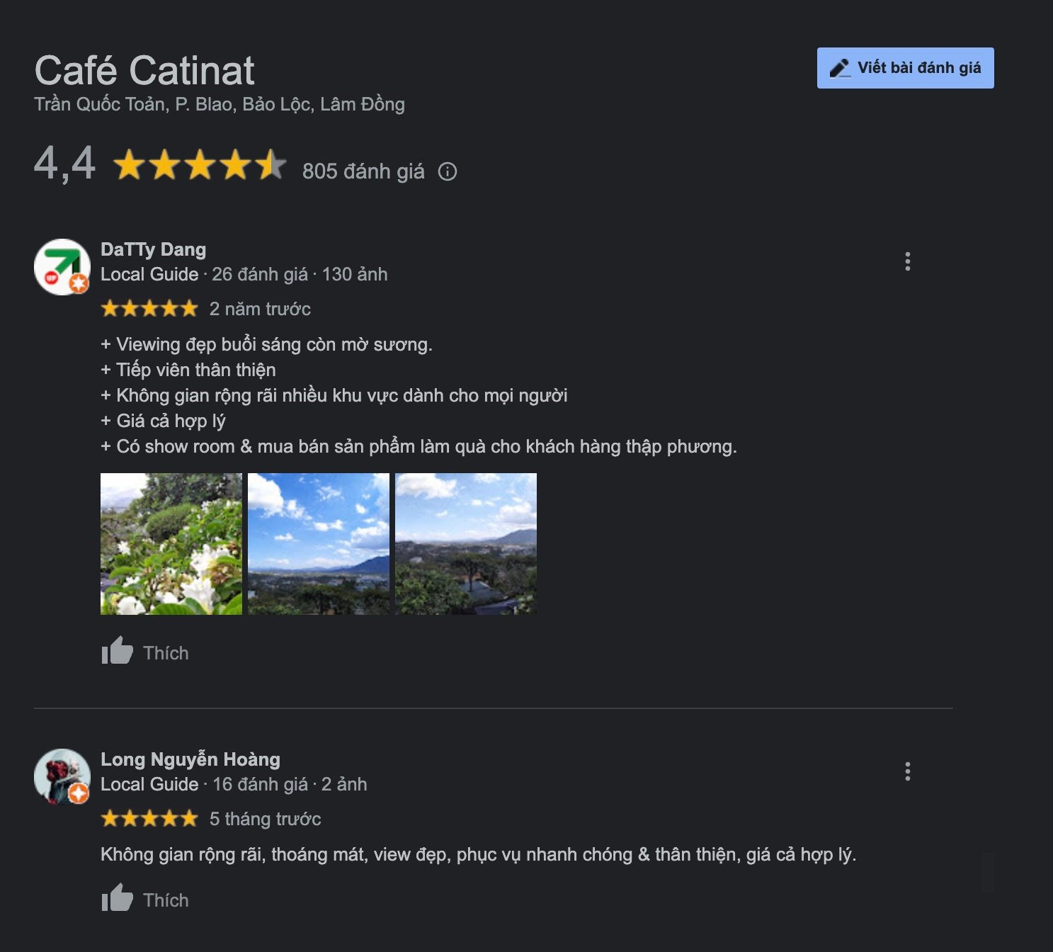 Đ&aacute;nh gi&aacute; v&agrave; h&igrave;nh ảnh về Caf&eacute; Catinat, hiển thị điểm số v&agrave; nhận x&eacute;t từ kh&aacute;ch h&agrave;ng tr&ecirc;n nền đen.