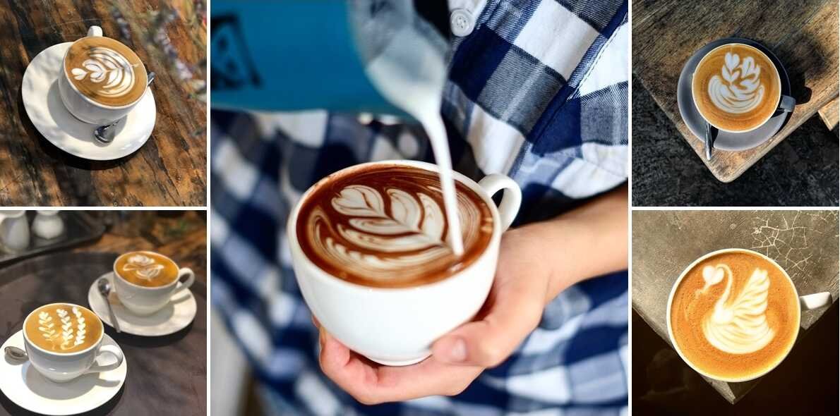 Năm t&aacute;ch c&agrave; ph&ecirc; với nghệ thuật latte art tr&ecirc;n bề mặt, được chụp từ nhiều g&oacute;c độ kh&aacute;c nhau.