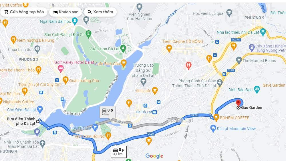 Bản đồ chỉ đường từ Bưu điện Đ&agrave; Lạt đến Gấu Garden, hiển thị tuyến đường v&agrave; c&aacute;c địa điểm l&acirc;n cận.