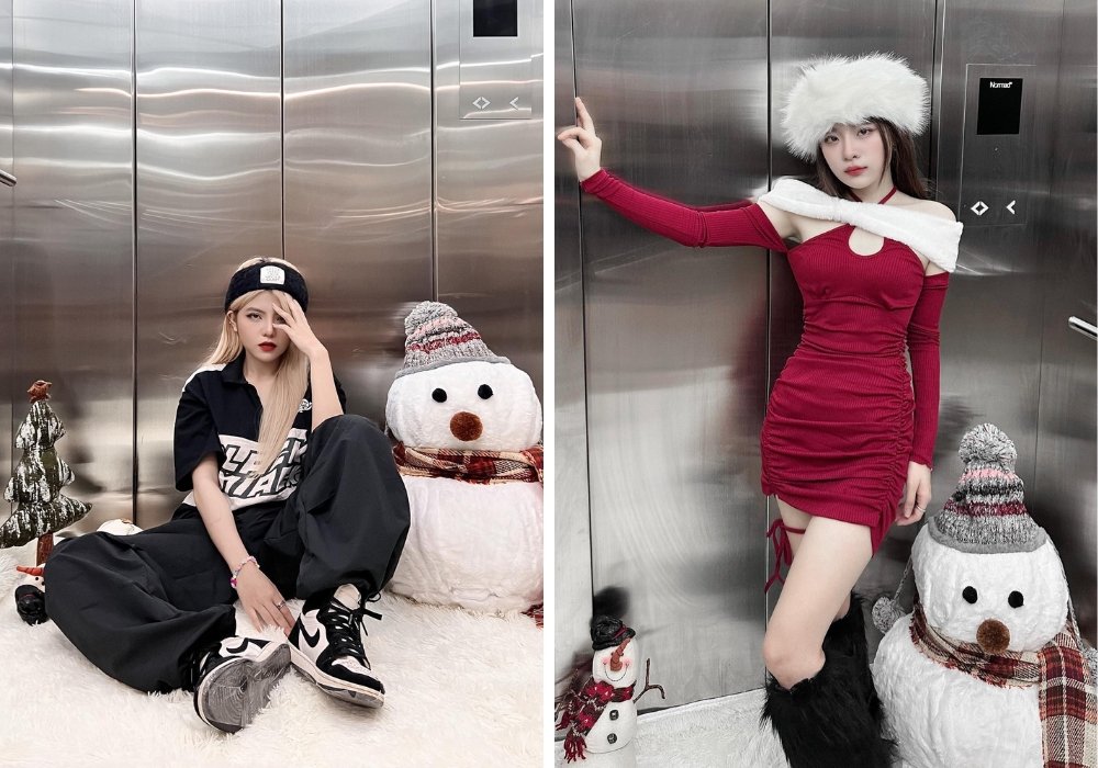 Người mẫu tạo dáng trong thang máy với người tuyết trang trí, mặc trang phục thời trang cá tính và ấm áp.