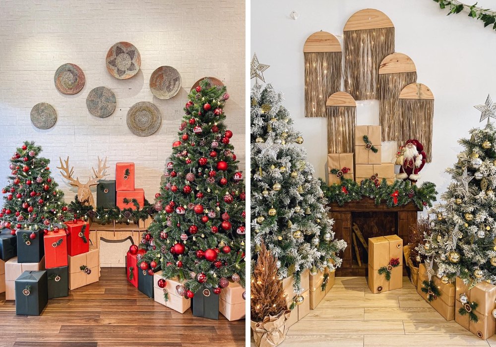 Hai góc trang trí Giáng Sinh với cây thông, quà và đồ trang trí tường.
