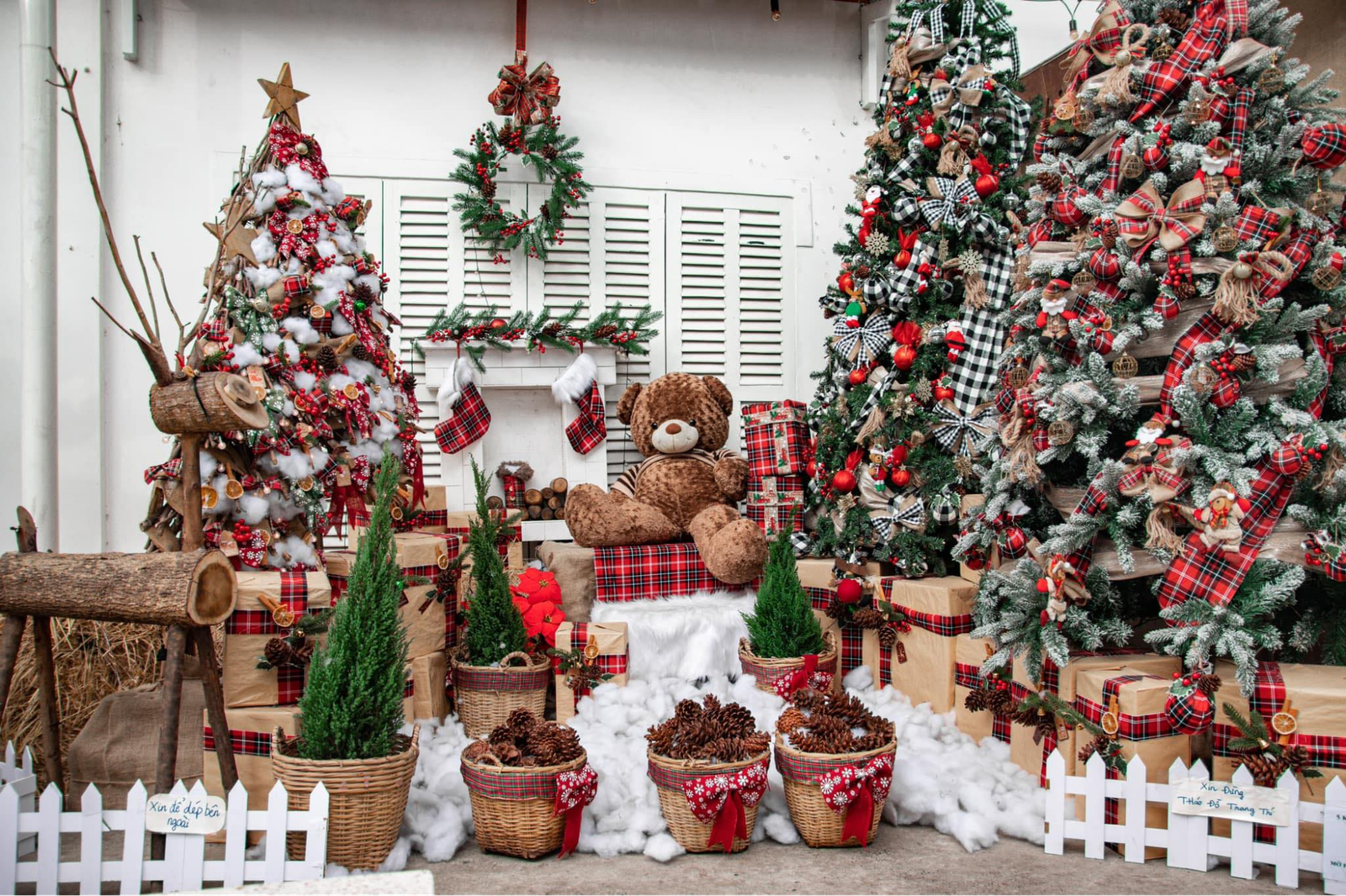 Trang trí Giáng Sinh với cây thông, gấu bông, vòng hoa, quà tặng và giỏ thông trong không gian ấm áp.