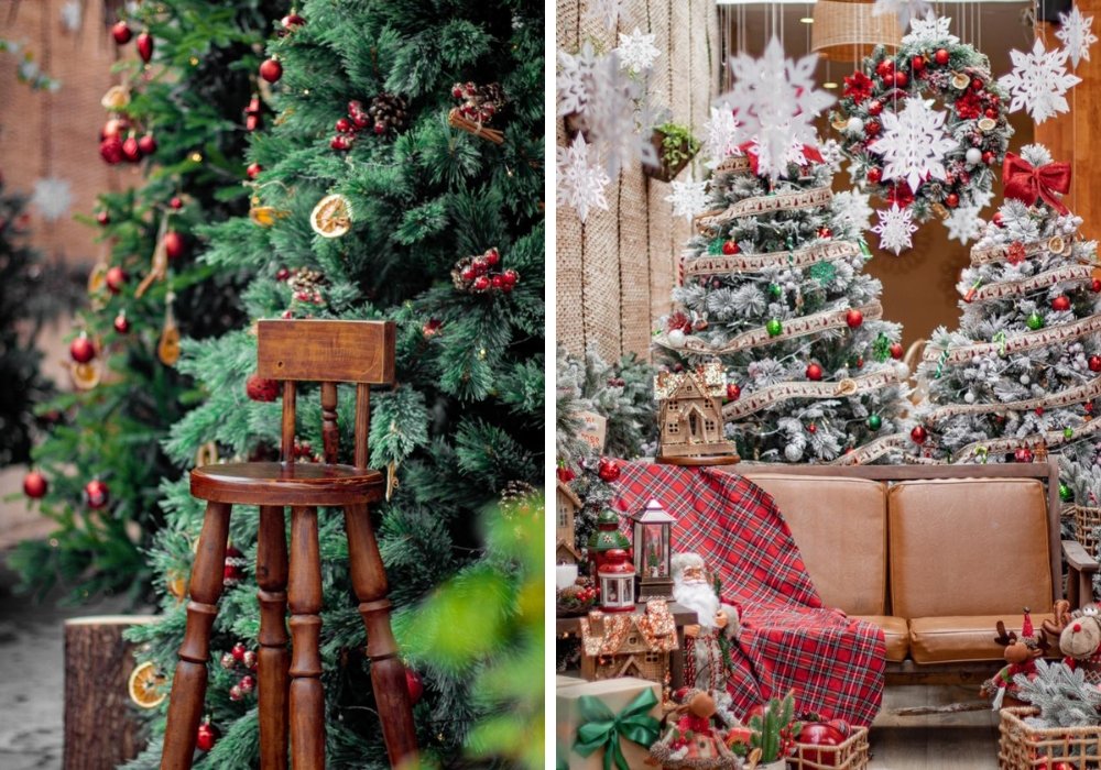 Cây thông Noel trang trí với đồ vật và ghế gỗ; ghế sofa với chăn kẻ caro, xung quanh là cây thông và đồ trang trí.