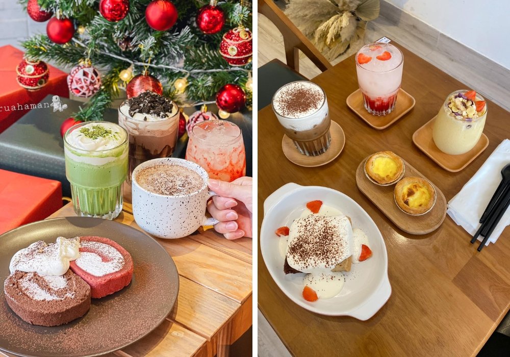 Bàn với các loại đồ uống và bánh ngọt, trang trí lễ hội với cây thông và hộp quà.