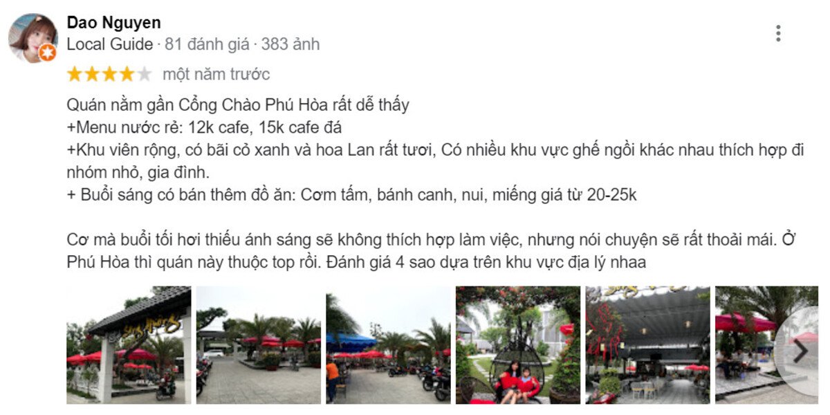 H&igrave;nh ảnh đ&aacute;nh gi&aacute; qu&aacute;n c&agrave; ph&ecirc; với khu&ocirc;n vi&ecirc;n rộng, nhiều c&acirc;y xanh v&agrave; khu vực ngồi ngo&agrave;i trời.