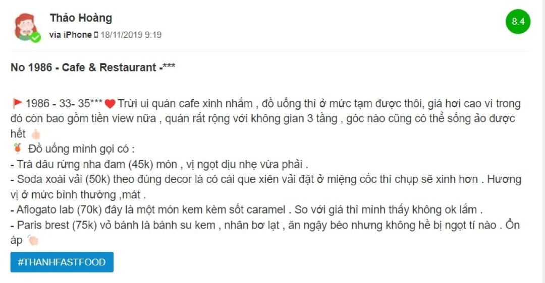 B&agrave;i đ&aacute;nh gi&aacute; qu&aacute;n cafe với m&ocirc; tả đồ uống, kh&ocirc;ng gian v&agrave; gi&aacute; cả; c&oacute; hashtag li&ecirc;n quan.