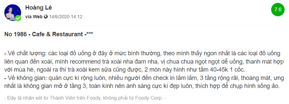 Đ&aacute;nh gi&aacute; về qu&aacute;n cafe, bao gồm nhận x&eacute;t chất lượng đồ uống, kh&ocirc;ng gian v&agrave; gi&aacute; cả, điểm số 7.6.