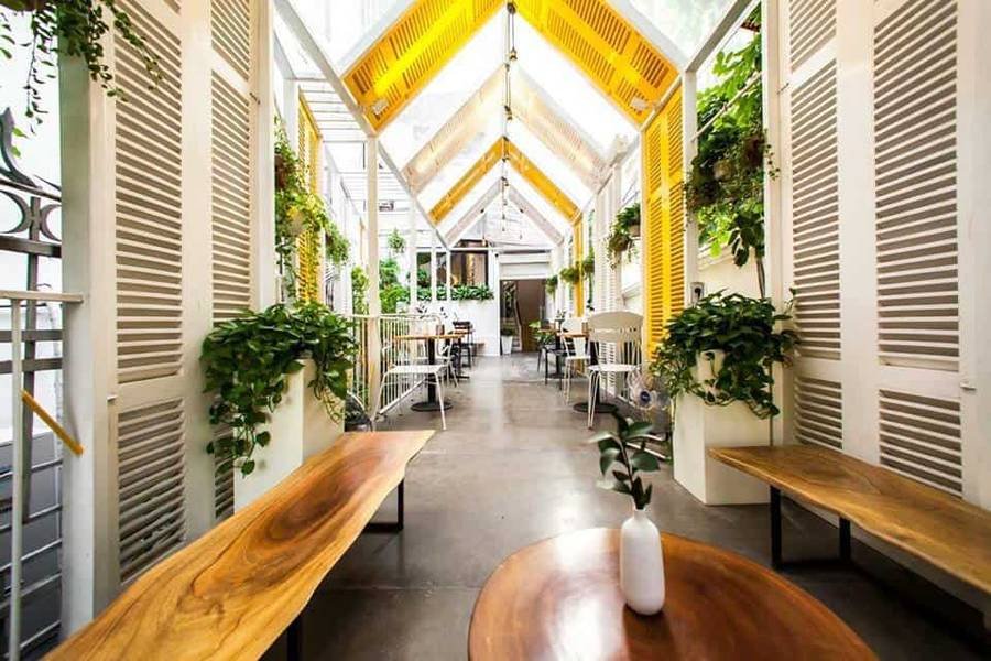 Qu&aacute;n c&agrave; ph&ecirc; với b&agrave;n ghế gỗ, c&acirc;y xanh treo tr&ecirc;n tường v&agrave; m&aacute;i nh&agrave; k&iacute;nh s&aacute;ng.