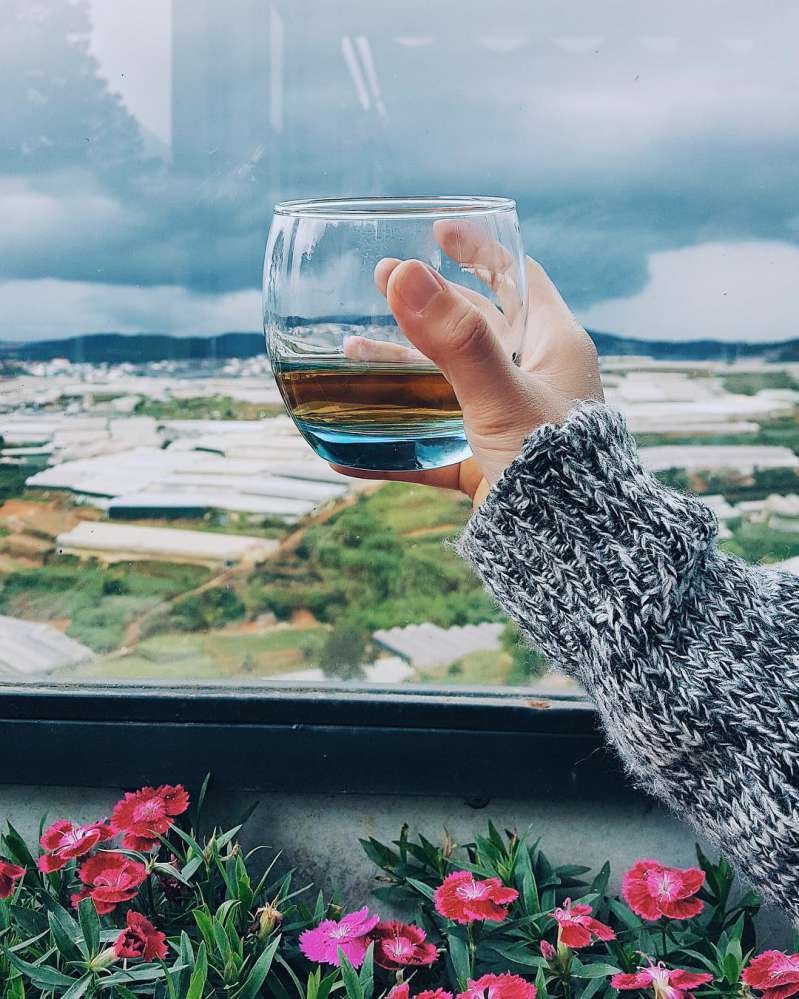 Một b&agrave;n tay cầm ly nước trong suốt, nền l&agrave; cảnh quan xanh với bầu trời u &aacute;m v&agrave; hoa hồng rực rỡ ph&iacute;a trước.