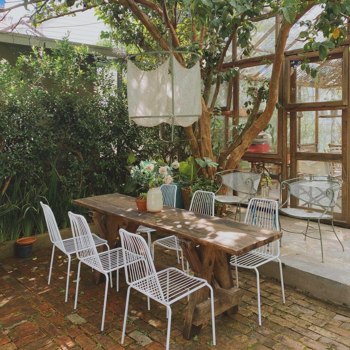 Khu vườn xanh m&aacute;t với b&agrave;n gỗ d&agrave;i, ghế trắng v&agrave; c&acirc;y lớn, &aacute;nh s&aacute;ng chiếu qua m&aacute;i che tạo b&oacute;ng r&acirc;m nhẹ.