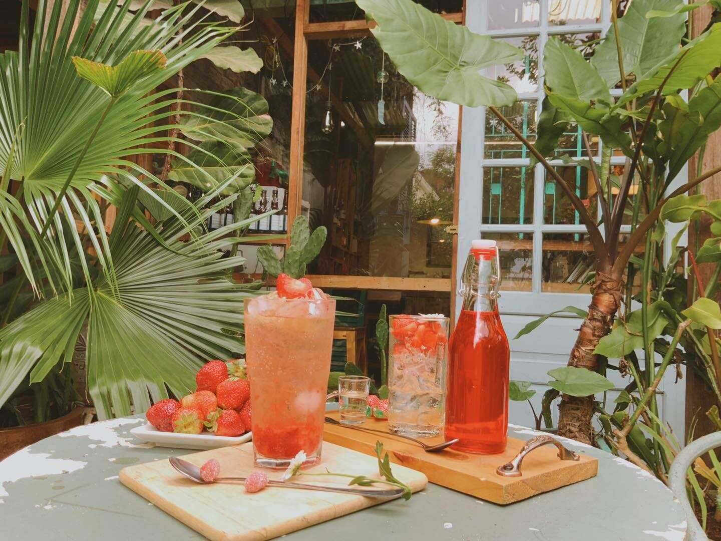 Ly nước d&acirc;u t&acirc;y v&agrave; chai nước tr&ecirc;n b&agrave;n ngo&agrave;i trời, xung quanh l&agrave; c&acirc;y xanh v&agrave; cửa sổ gỗ.