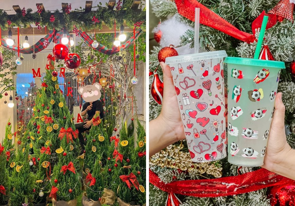 Bên trái: Cây thông trang trí Giáng Sinh với quả châu và đèn. Bên phải: Hai ly nhựa họa tiết trái tim và bóng đá.