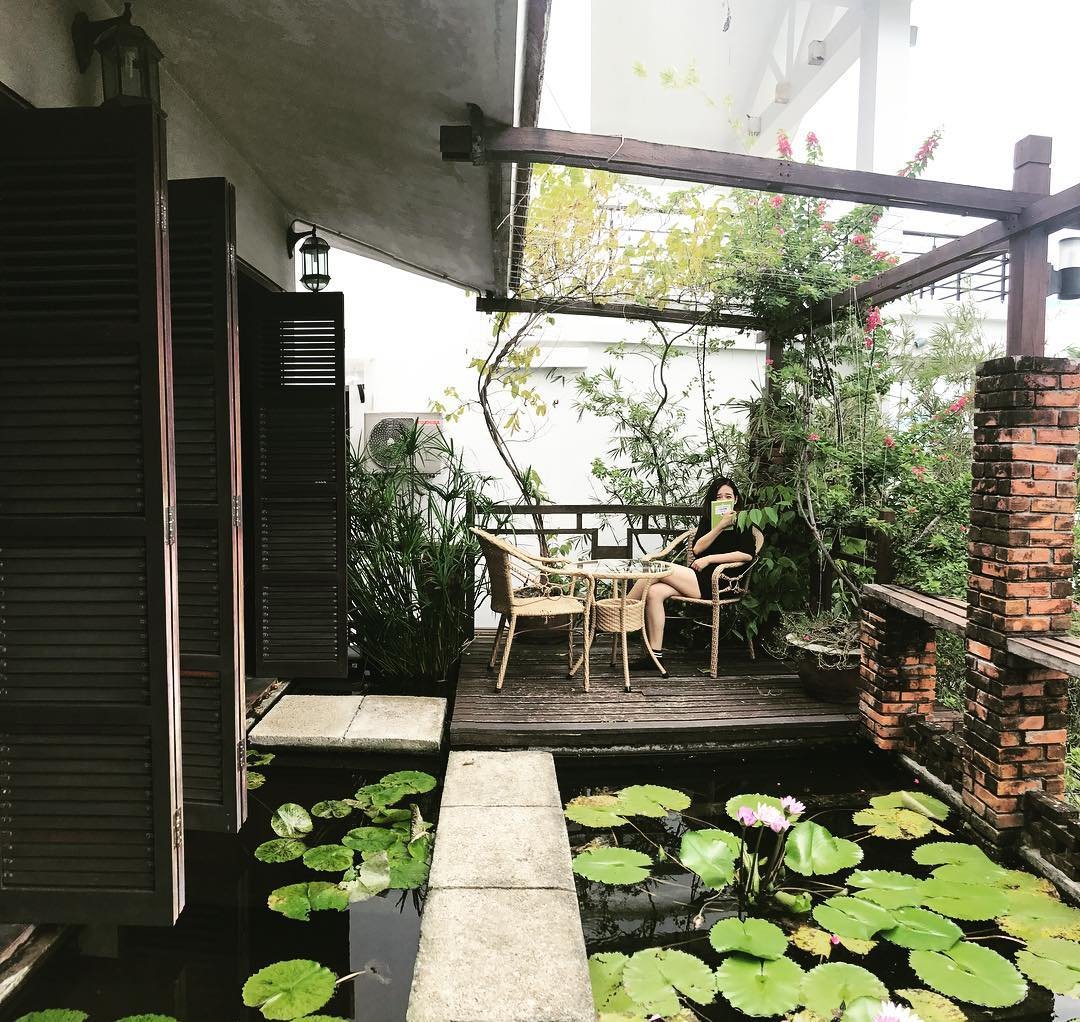 Ảnh: @eiameiamm Người ngồi trên sân thượng có bàn ghế, xung quanh là cây xanh, ao nhỏ với lá sen và hoa sen nở.