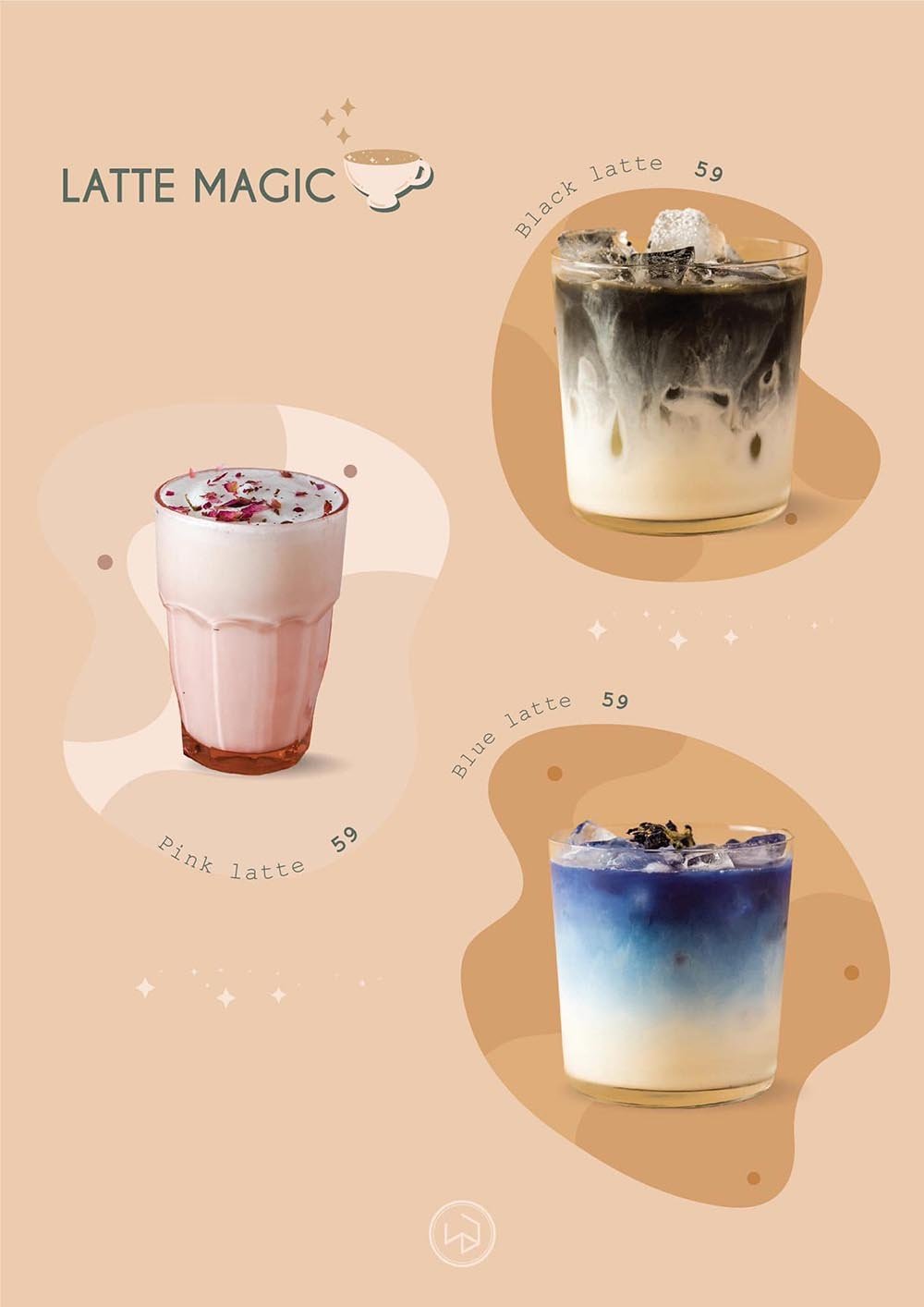 Ba ly latte với m&agrave;u sắc kh&aacute;c nhau: hồng, đen v&agrave; xanh, tr&ecirc;n nền m&agrave;u n&acirc;u nhạt.